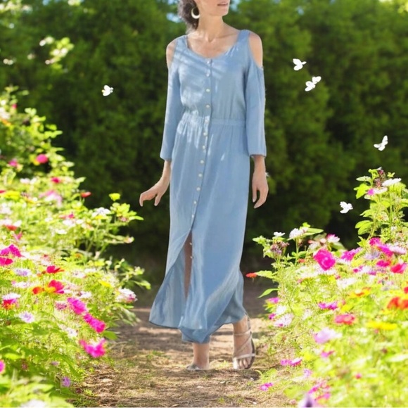 Soft Surroundings Sky Blue Bridgette Cold Shoulder Maxi Dress - Picture 1 of 9